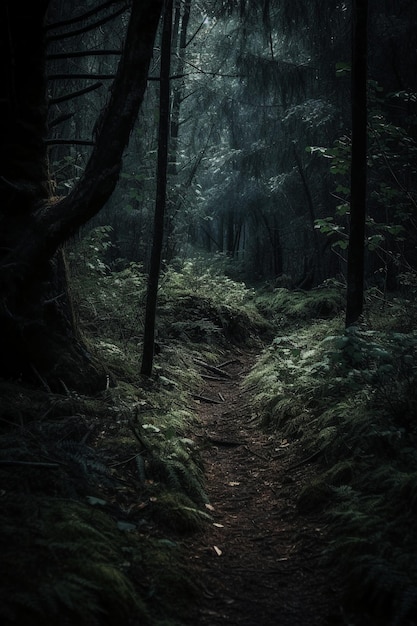 Une forêt sombre avec un chemin éclairé.