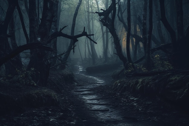 Une forêt sombre avec un chemin éclairé.