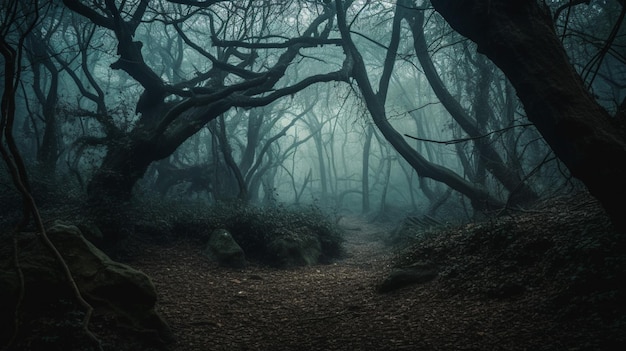 Une forêt sombre avec un chemin qui a un arbre dessus.