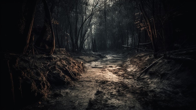 Une forêt sombre avec un chemin qui porte le mot forêt.