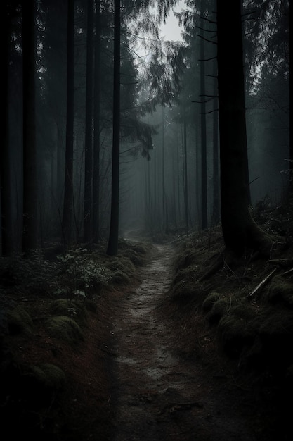 Une forêt sombre avec un chemin qui porte le mot forêt.