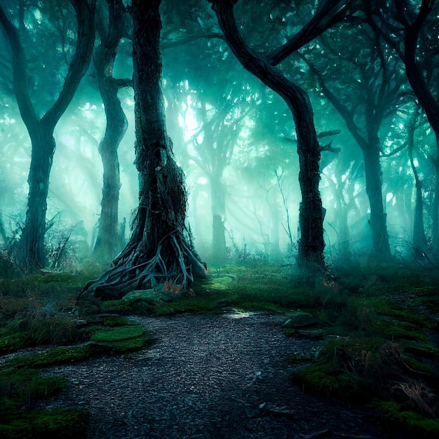 Forêt sombre dans le brouillard