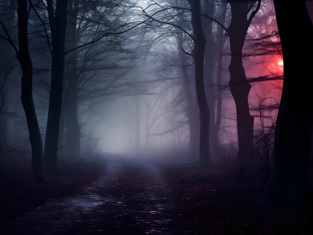 Forêt sombre avec du brouillard et de belles couleurs forêt brumeuse Route ou sentier à travers une forêt dense d'arbres