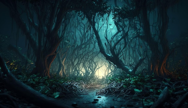 Photo forêt sombre effrayante arbres tordus secs effrayants dans l'ia générative en bois de conte de fées sombre