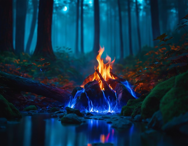 Photo la forêt sombre est enveloppée d'une mystérieuse énergie bleue illustration de haute qualité