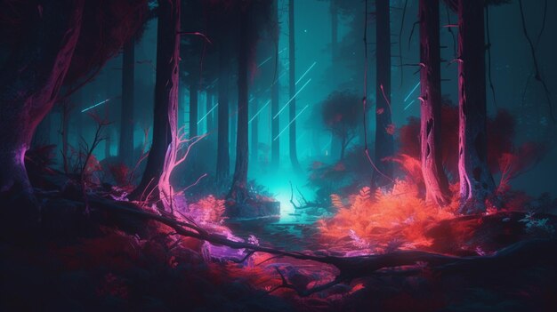 Une forêt sombre avec une lumière bleue et une lumière rouge au milieu