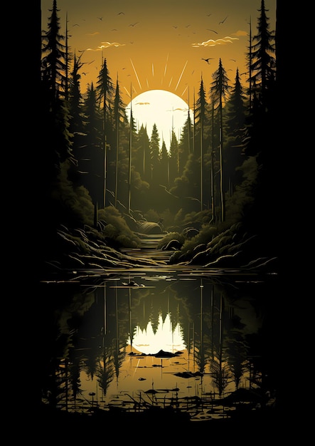 Une forêt sombre avec une lune pleine en arrière-plan.