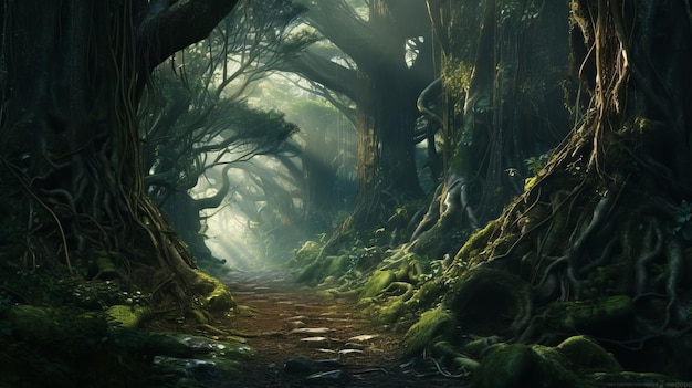 Photo une forêt sombre magique et dense abandonnée