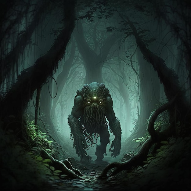 Une forêt sombre avec un monstre avec une longue queue et une longue queue.