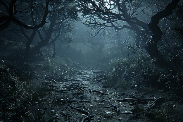 Une forêt sombre et mystérieuse remplie de twisting pa