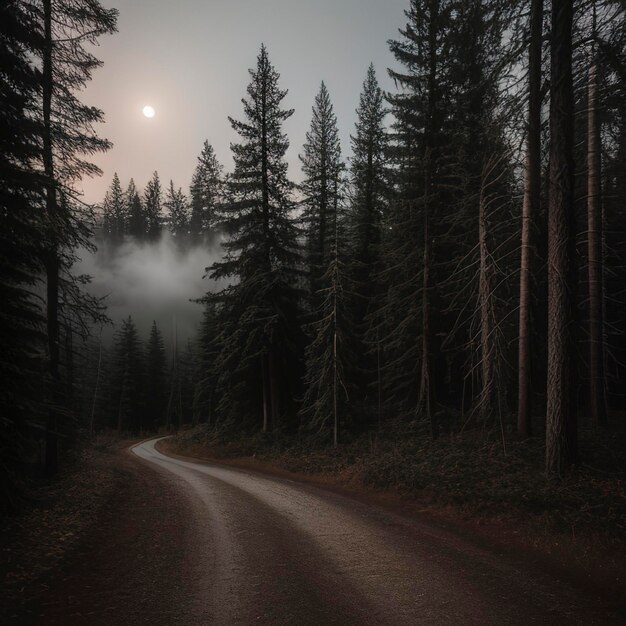 Forêt sombre nuit dans la forêt Scène naturelle avec la forêt et le clair de lune Vue nocturne de la forêt nature brouillard smog fumée