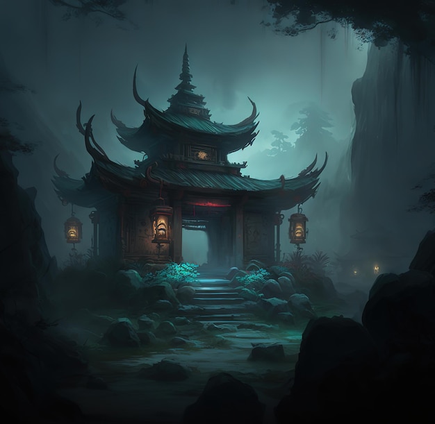 Une forêt sombre avec un petit bâtiment avec une pagode sur le devant.
