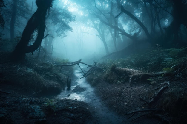 Une forêt sombre avec un ruisseau qui la traverse et un fond bleu brumeux.