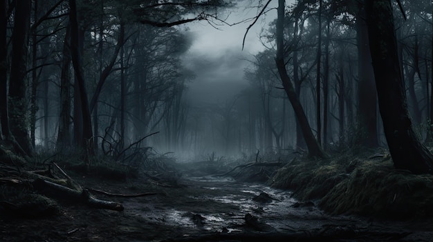 une forêt sombre traversée par un ruisseau