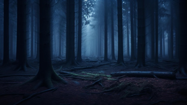 une forêt sombre avec un tronc d'arbre tombé