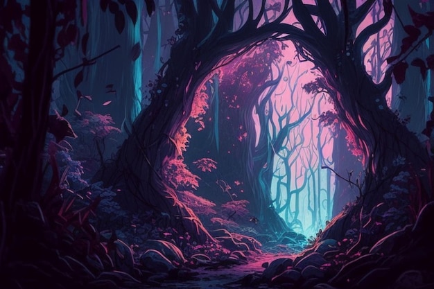 Une forêt sombre avec un tunnel qui dit "forêt" dessus