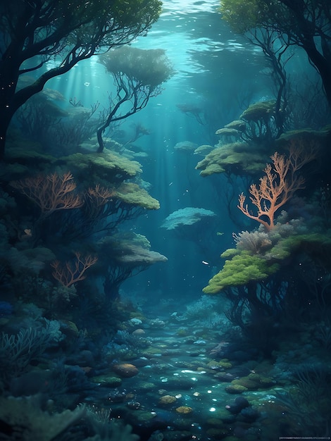 Forêt sous-marine, une illustration détaillée représentant une forêt mystérieuse générée par Ai