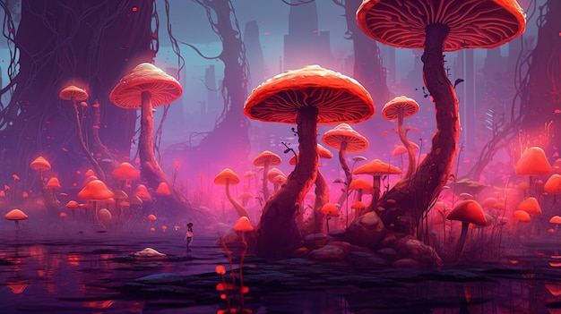 Une forêt surréaliste avec des arbres faits de champignons Concept fantastique Peinture d'illustration AI générative