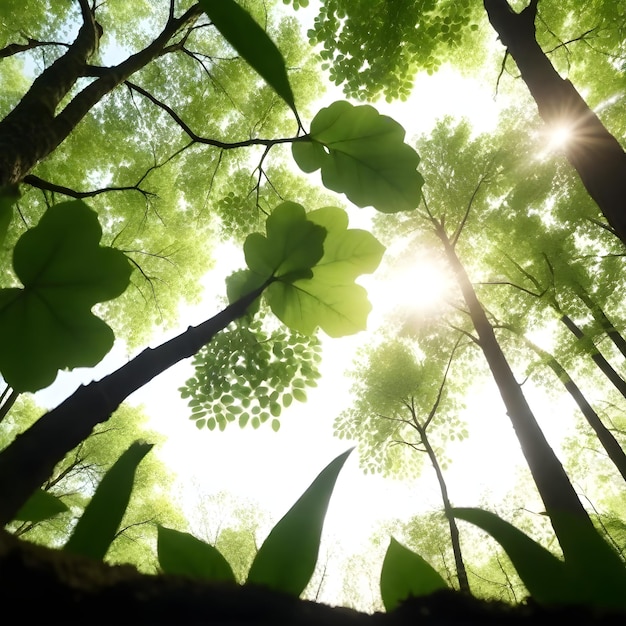 Photo une forêt avec un tas de feuilles vertes et un soleil qui brille à travers elles