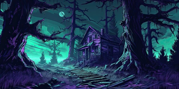 La forêt terrifiante la nuit avec une maison effrayante