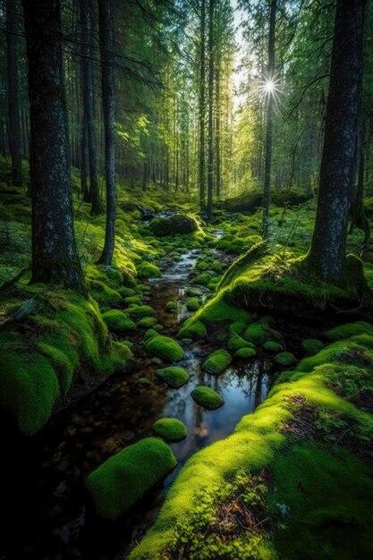 Forêt tranquille avec des arbres qui se balancent et des rayons de soleil