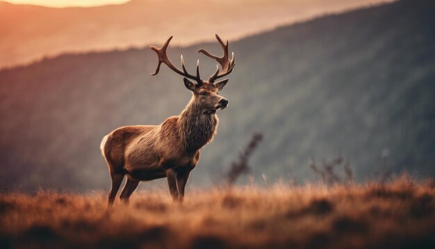 forêt tranquille à l'aube avec un cerf dans la clairière et les rayons du soleil créant un beau jeu de lumière et d'ombre