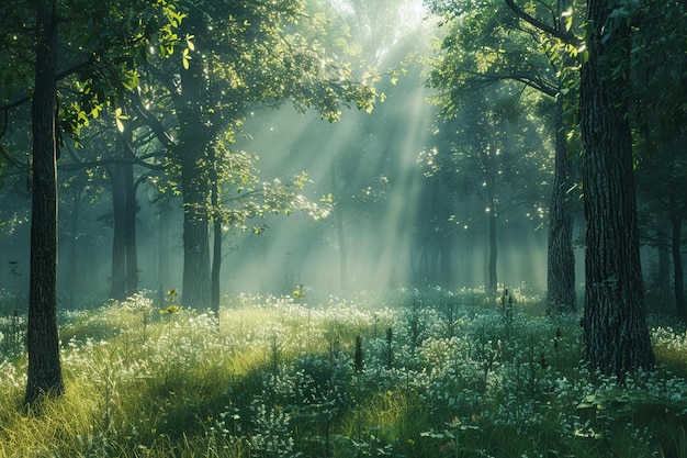 Photo une forêt tranquille éclairée par la lumière du soleil.
