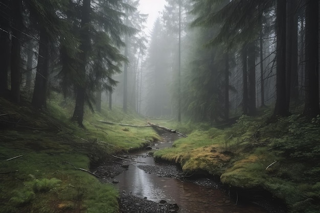 Forêt tranquille avec épinettes et ruisseau enveloppés d'une atmosphère brumeuse