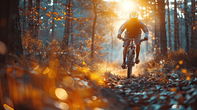 Une forêt tranquille à vélo au lever ou au coucher du soleil