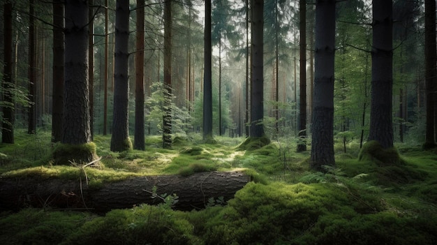 Une forêt avec un tronc d'arbre et une lumière dessus