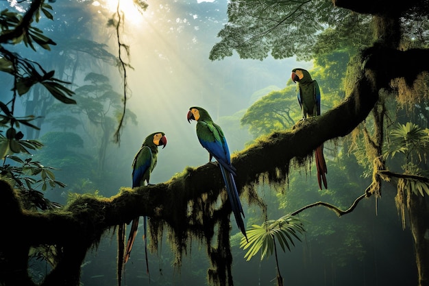 La forêt tropicale amazonienne: une symphonie vibrante de flore et de faune dans un environnement brumeux