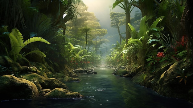 Forêt tropicale amazonienne avec une végétation tropicale un ruisseau