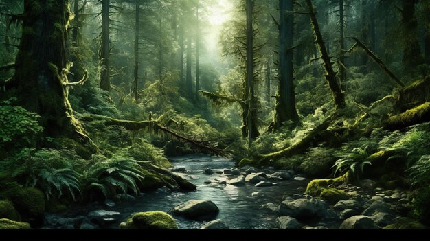 forêt tropicale avec des arbres verts et des montagnes générative AI AI générée