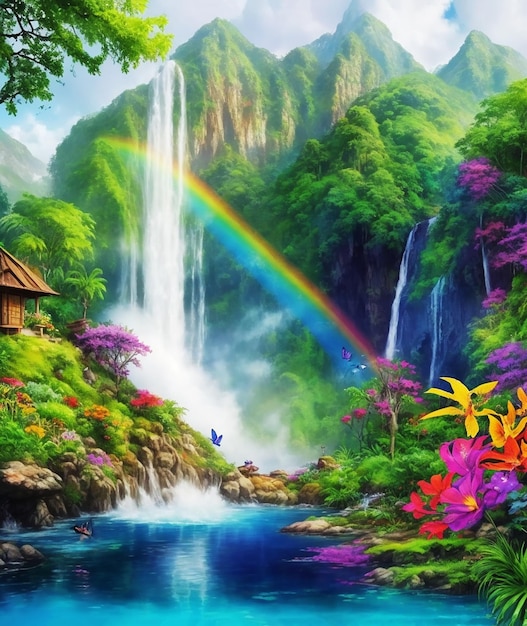 forêt tropicale cascade paradis papillon fleurs arc-en-ciel pelucheux peinture sur papier image aquarelle HD