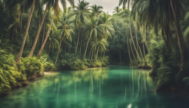 Photo forêt tropicale avec des cocotiers et une eau verte