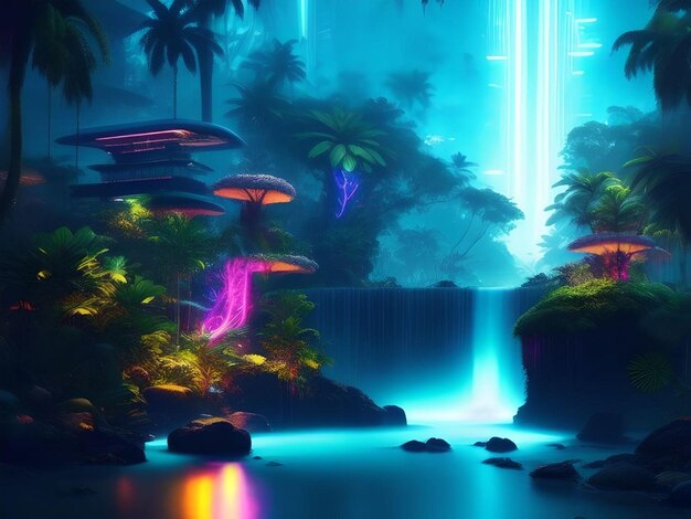 Forêt tropicale de cyborgs avec cascades au néon et cottages Concept futuriste