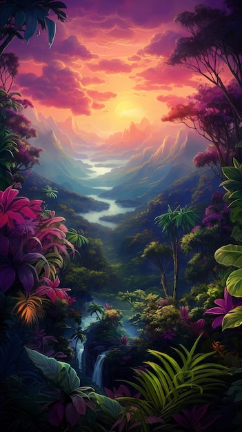 forêt tropicale dense à l'esthétique synthwave vue d'un point de vue panoramique