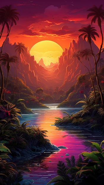 forêt tropicale dense à l'esthétique synthwave vue d'un point de vue panoramique