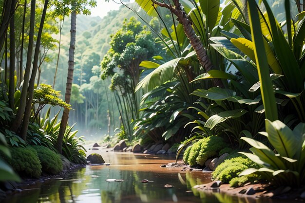 Photo forêt tropicale forestière arbustes chemin de jungle papier peint illustration de fond forêt primitive