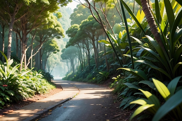 Forêt tropicale forestière arbustes chemin de jungle papier peint illustration de fond forêt primitive