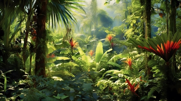 Une forêt tropicale luxuriante éclatant avec une débauche de couleurs et de textures d'imposants palmiers atteindre vers le ciel ai générative