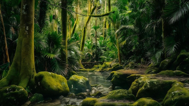 Une forêt tropicale de mousse verte sur les arbres et les pierres