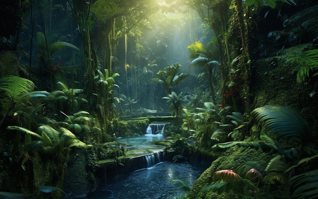 Une forêt tropicale mystérieuse brille d'une verdure luxuriante