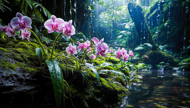 Une forêt tropicale Orchidées violettes sur le rocher mossy