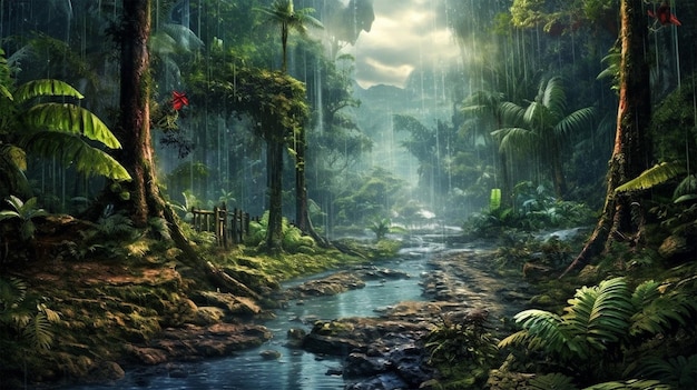 Forêt tropicale profonde dans une forêt tropicale éblouissante avec le soleil et un beau lac ou une rivière avec la nature dans la forêt hautes falaises rocheuses générative ai
