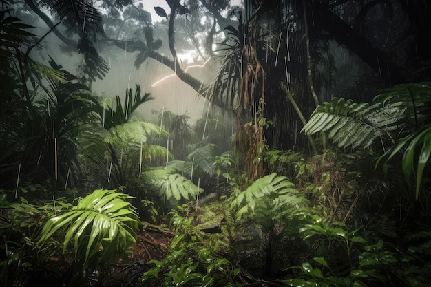 Forêt tropicale sombre après la tempête avec des éclairs et du tonnerre