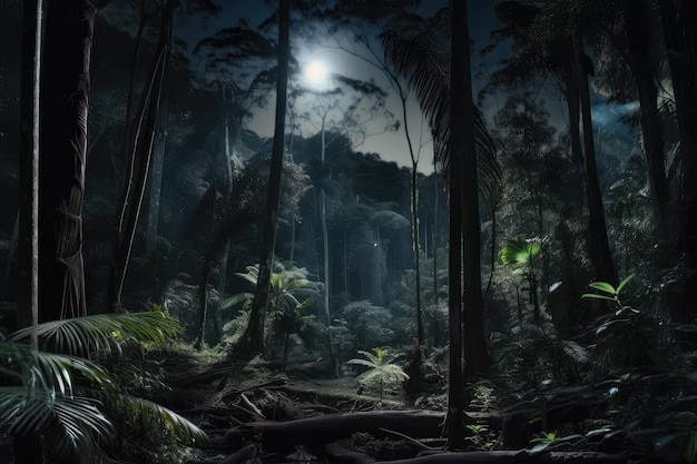 Forêt tropicale sombre la nuit avec la lune qui brille à travers les arbres