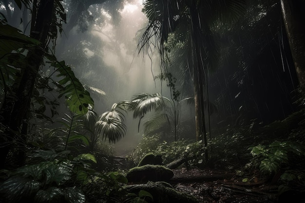Photo forêt tropicale sombre pendant la tempête avec des éclairs et de fortes pluies