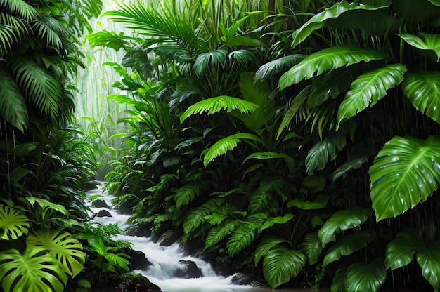 Forêt tropicale sombre avec des plantes exotiques, des palmiers, de grandes feuilles et des fougères