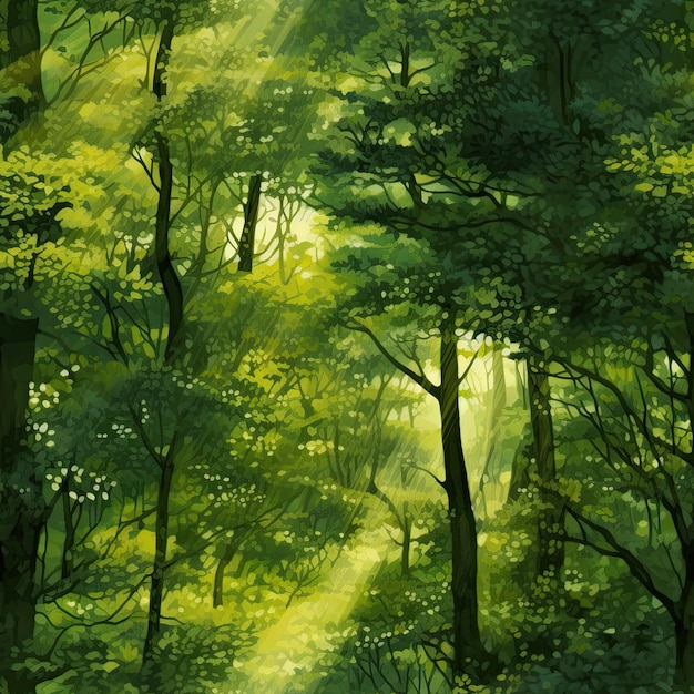 Forêt verdoyante avec la lumière du soleil regardant à travers les feuilles